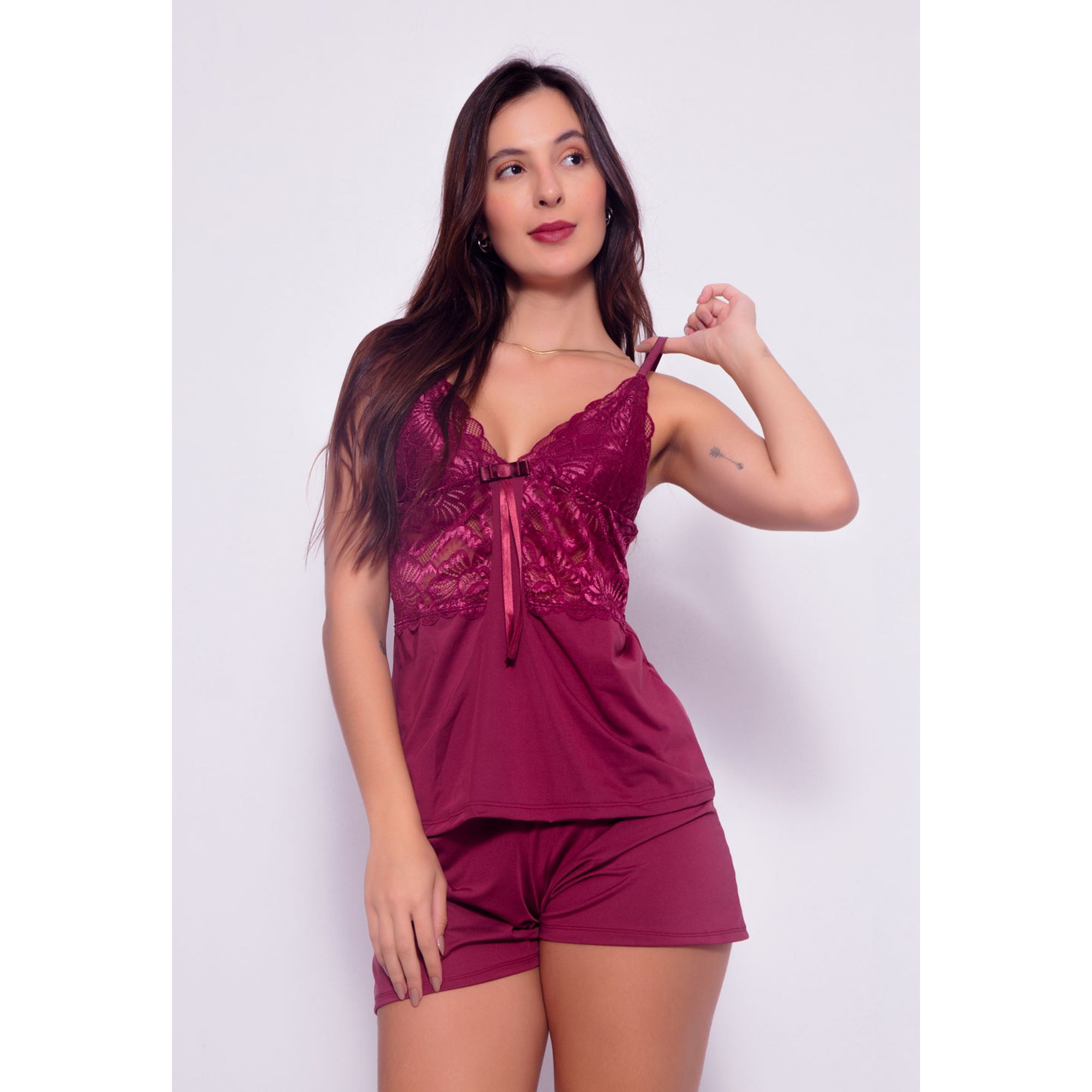 Baby Doll Em Liganete Com Renda Trabalhada Vinho K03 - Compra