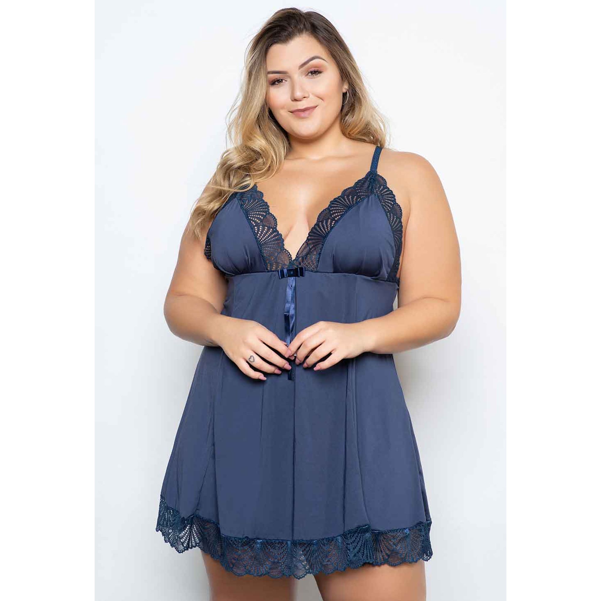 Camisola Plus Size Com Detalhe Em Renda Azul Marinho O59 - Compra Fácil  Lingerie