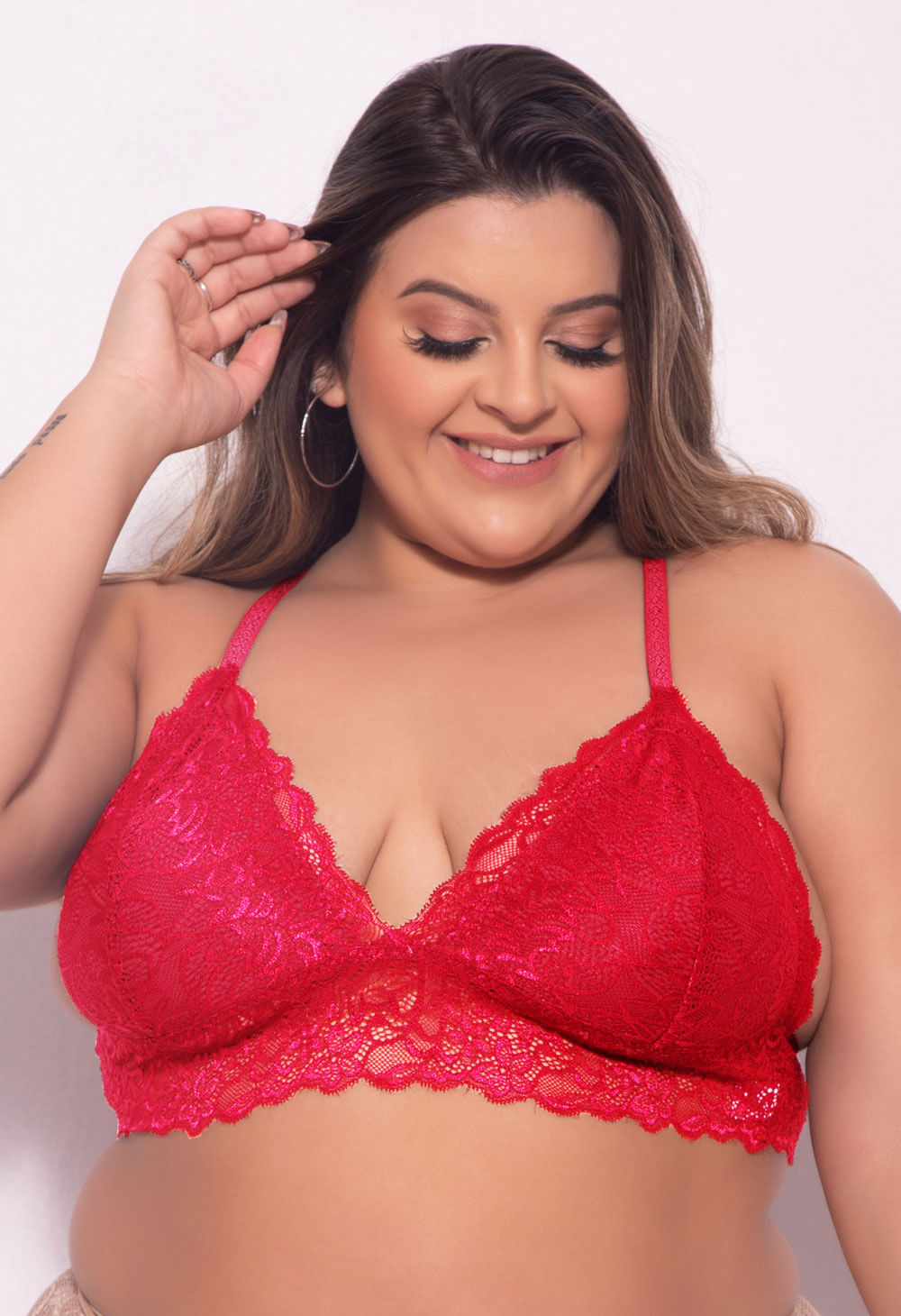sutiã plus dize sem bojo em renda trabalhada vermelho