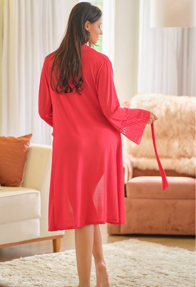 Robe Longo Em Liganete Com Detalhe Em Renda Vermelho K07 - Compra